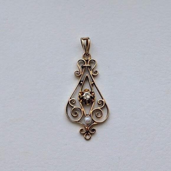 Jewelry - Antique Art Nouveau 10K Yellow Gold Pearl Paste Stone Filigree Pendant Charm